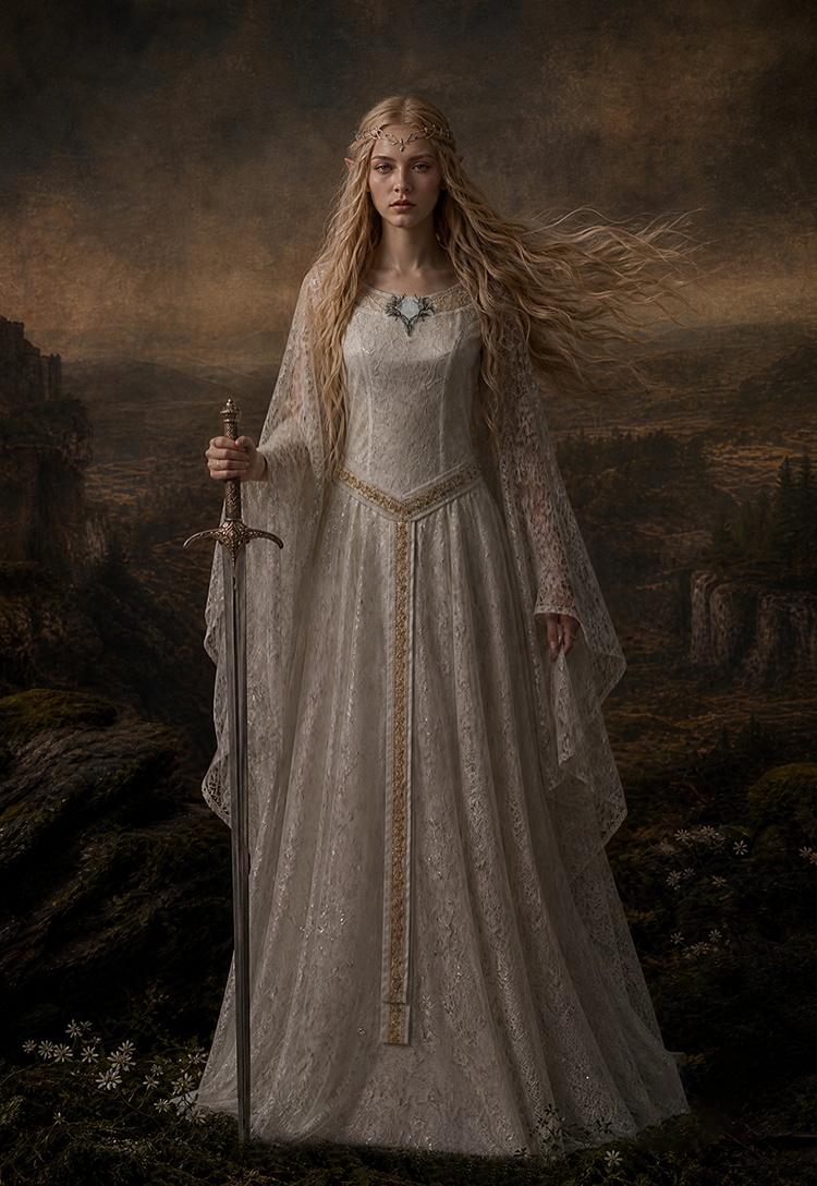 Daizbella The Lord of the Rings Galadriel Medieval Renaissance Costume Fantasy Elf Maxi Dress with Belt and Brooch