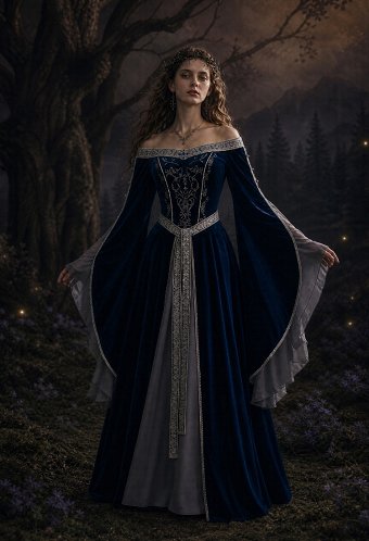 Daizbella Medieval Fantasy Elf Gown Off-Shoulder Embroidered Velvet Dress with Flared Sleeves