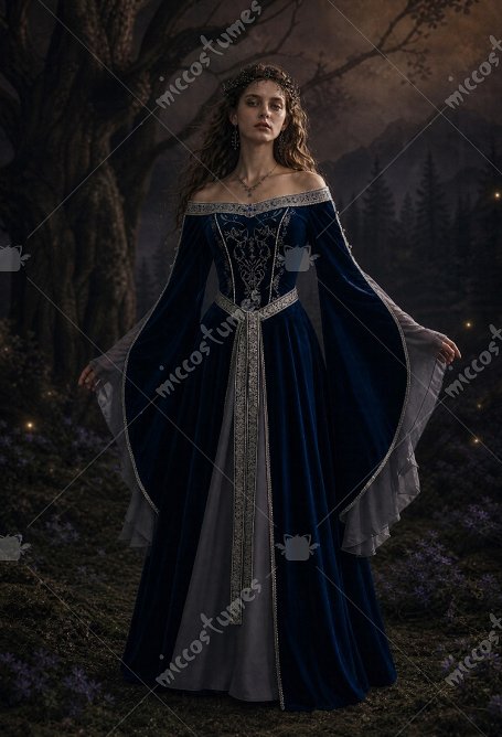 Daizbella Medieval Fantasy Elf Gown Off-Shoulder Embroidered Velvet Dress with Flared Sleeves