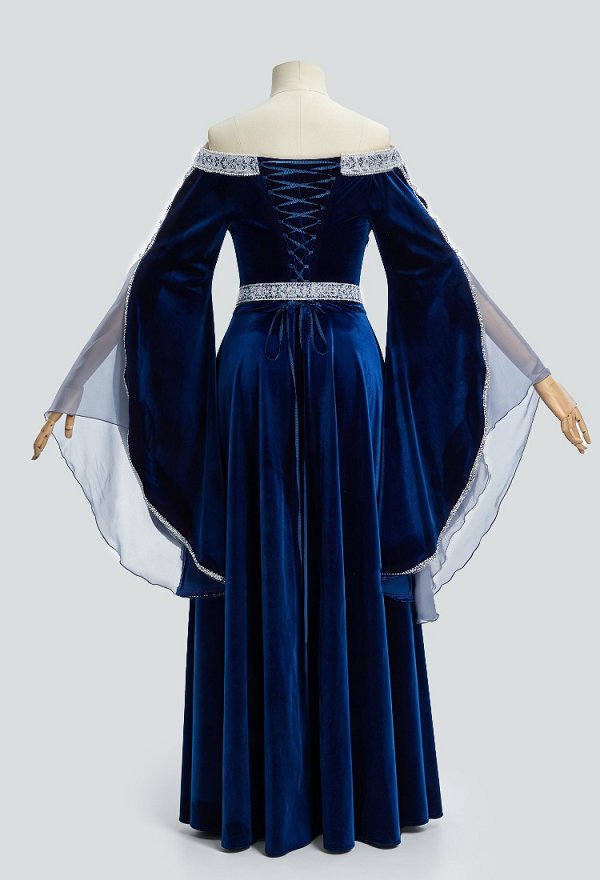 Daizbella Medieval Fantasy Elf Gown Off-Shoulder Embroidered Velvet Dress with Flared Sleeves
