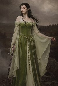 Daizbella Medieval Fantasy Elf-Style Gown Off-Shoulder Bell Sleeves Moss Green Velvet Dress with Waist Chain