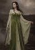 Daizbella Robe médiévale fantastique de style elfique à épaules dénudées et manches cloche en velours vert mousse avec chaîne à la taille