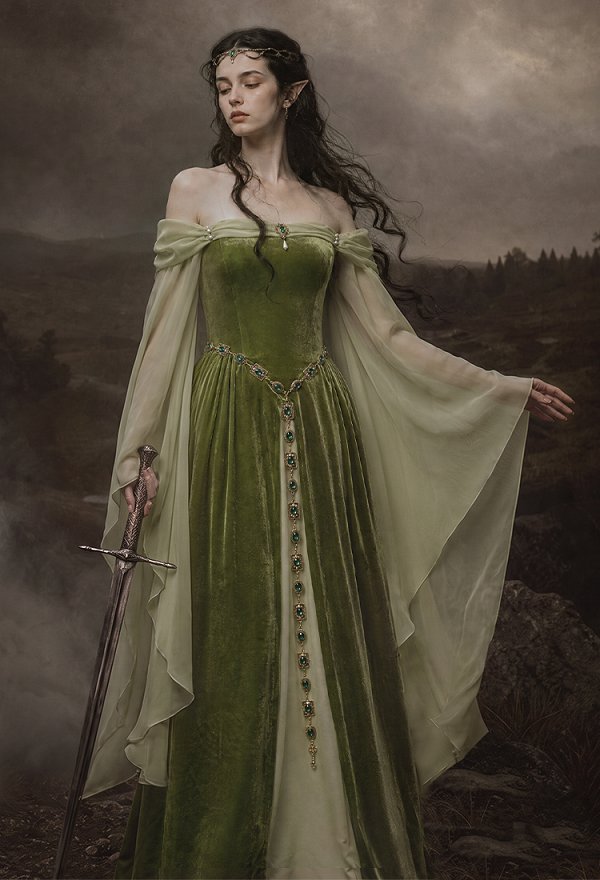Daizbella Medieval Fantasy Elf-Style Gown Off-Shoulder Bell Sleeves Moss Green Velvet Dress with Waist Chain