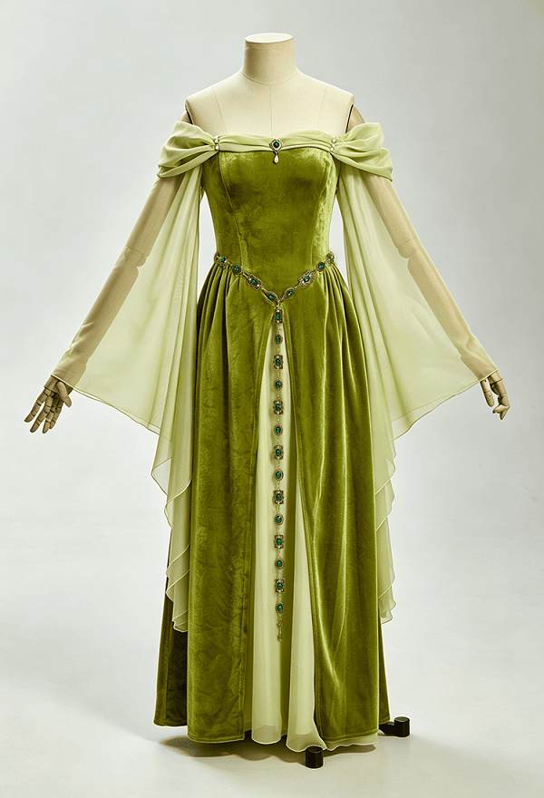 Daizbella Medieval Fantasy Elf-Style Gown Off-Shoulder Bell Sleeves Moss Green Velvet Dress with Waist Chain