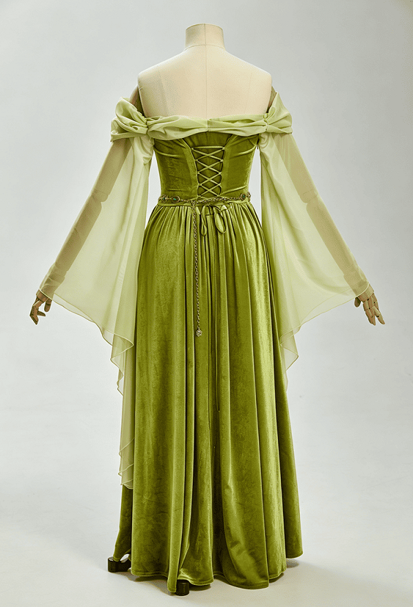 Daizbella Medieval Fantasy Elf-Style Gown Off-Shoulder Bell Sleeves Moss Green Velvet Dress with Waist Chain