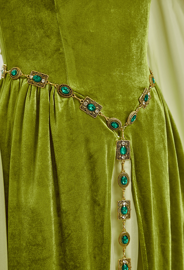 Daizbella Medieval Fantasy Elf-Style Gown Off-Shoulder Bell Sleeves Moss Green Velvet Dress with Waist Chain