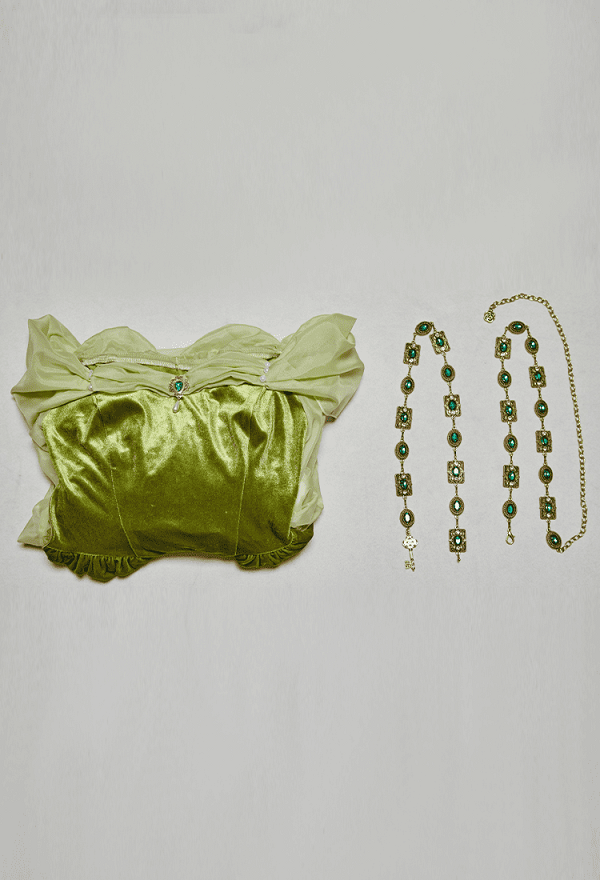 Daizbella Medieval Fantasy Elf-Style Gown Off-Shoulder Bell Sleeves Moss Green Velvet Dress with Waist Chain