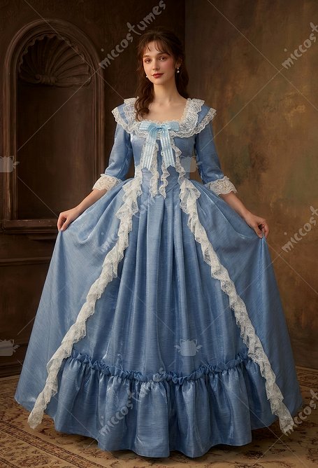 Daizbella Renaissance Medieval Costume Rococo Style Grey-Blue Top and Skirt with Bow