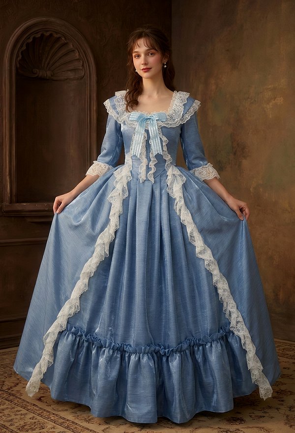 Daizbella Renaissance Medieval Costume Rococo Style Grey-Blue Top and Skirt with Bow