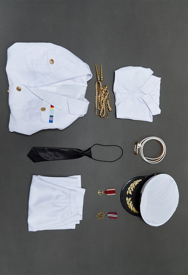 White Captain Uniform Vintage Navy Sailor Attire Jacket and Skirt with Hat and Faux Shirt Collar