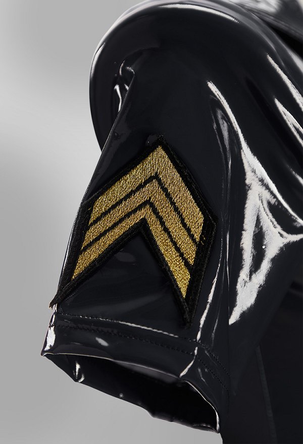 Costume d'uniforme de policière en body noir brillant en simili-cuir avec chapeau et ceinture