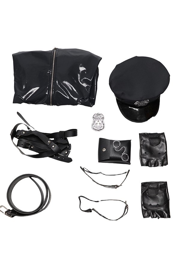 Costume d'uniforme de policière en body noir brillant en simili-cuir avec chapeau et ceinture