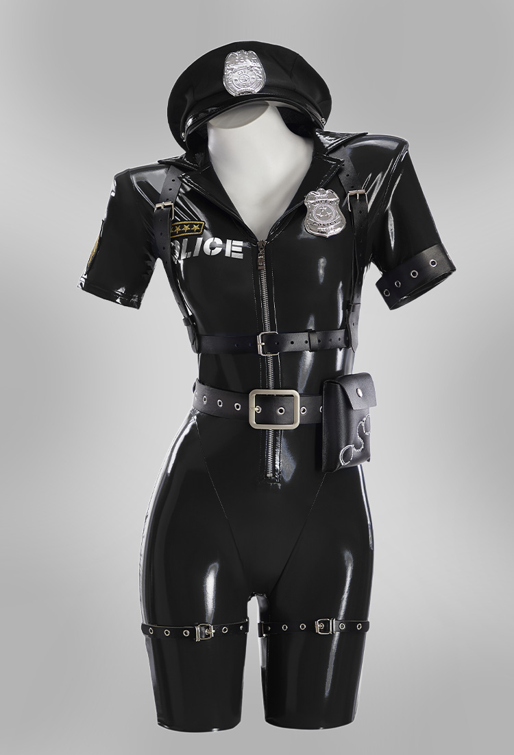 Disfraz de Uniforme de Oficial de Policía Femenina con Body de Imitación de Cuero Brillante Negro con Sombrero y Cinturón
