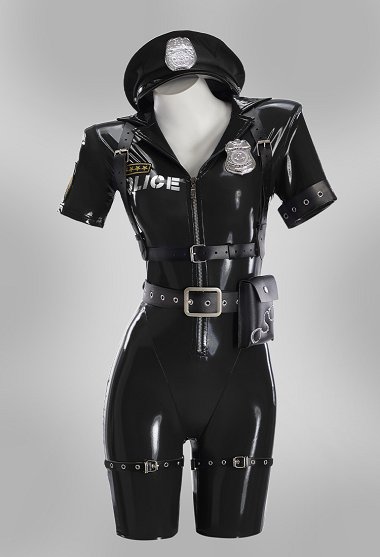 Disfraz de Uniforme de Oficial de Policía Femenina con Body de Imitación de Cuero Brillante Negro con Sombrero y Cinturón