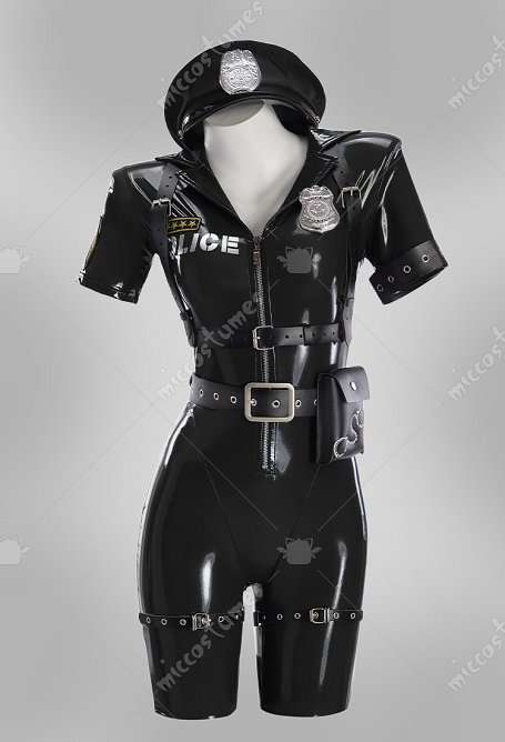 Female Police Officer Uniform Costume Black Glossy Faux-leather Bodysuit with Hat and Belt