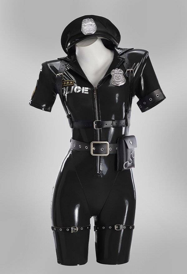 Costume d'uniforme de policière en body noir brillant en simili-cuir avec chapeau et ceinture