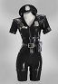 Costume d'uniforme de policière en body noir brillant en simili-cuir avec chapeau et ceinture