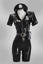 Female Police Officer Uniform Costume Black Glossy Faux-leather Bodysuit with Hat and Belt