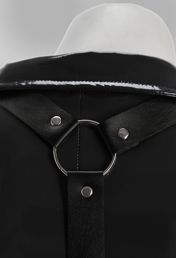 Costume d'uniforme de policière en body noir brillant en simili-cuir avec chapeau et ceinture
