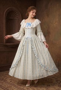 Daizbella Renaissance Medieval Costume Rococo Style Long Dress Floral Ruffle Dress