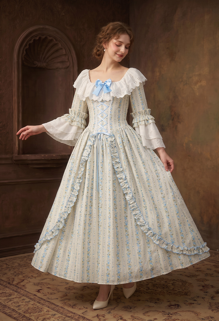 Daizbella Disfraz Medieval Renacentista Vestido Largo de Estilo Rococó con Volantes y Estampado Floral