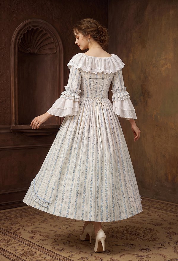 Daizbella Renaissance Medieval Costume Rococo Style Long Dress Floral Ruffle Dress