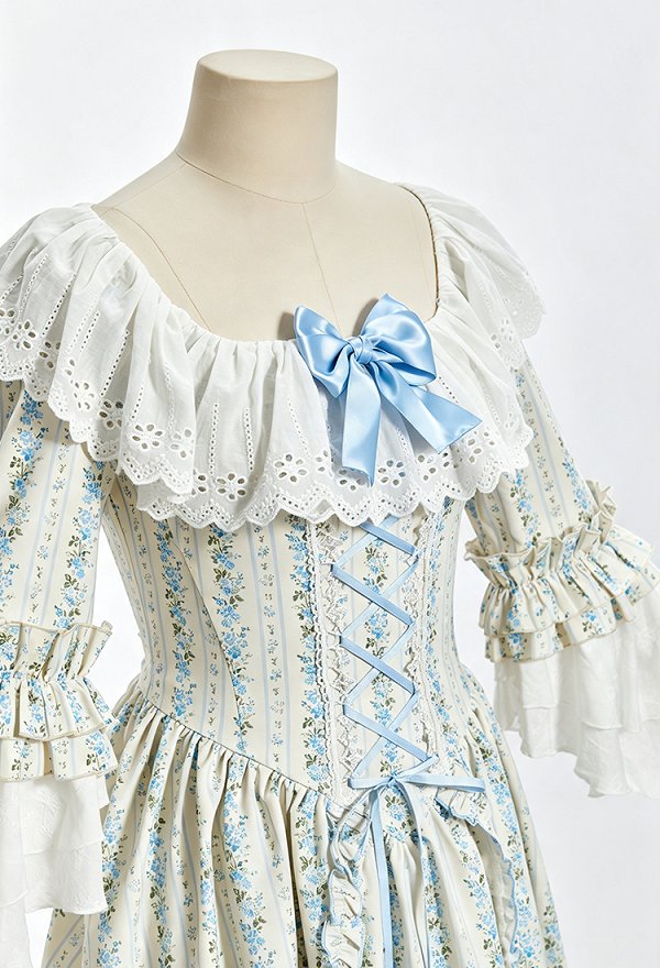 Daizbella Renaissance Medieval Costume Rococo Style Long Dress Floral Ruffle Dress