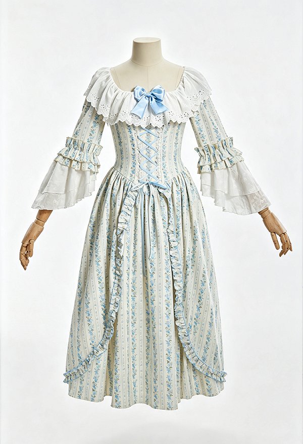 Daizbella Renaissance Medieval Costume Rococo Style Long Dress Floral Ruffle Dress