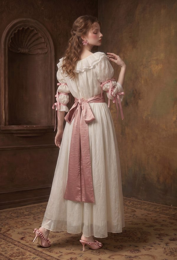 Daizbella Renaissance Medieval Dress Empire Silhouette Dress Rococo Style White Dress with Belt and Corsage