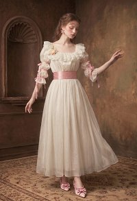 Daizbella Renaissance Medieval Dress Empire Silhouette Dress Rococo Style White Dress with Belt and Corsage