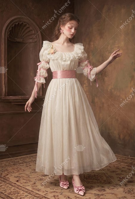 Daizbella Renaissance Medieval Dress Empire Silhouette Dress Rococo Style White Dress with Belt and Corsage