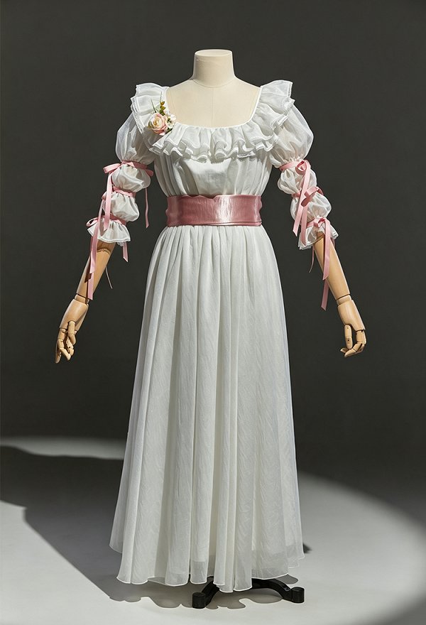 Daizbella Renaissance Medieval Dress Empire Silhouette Dress Rococo Style White Dress with Belt and Corsage