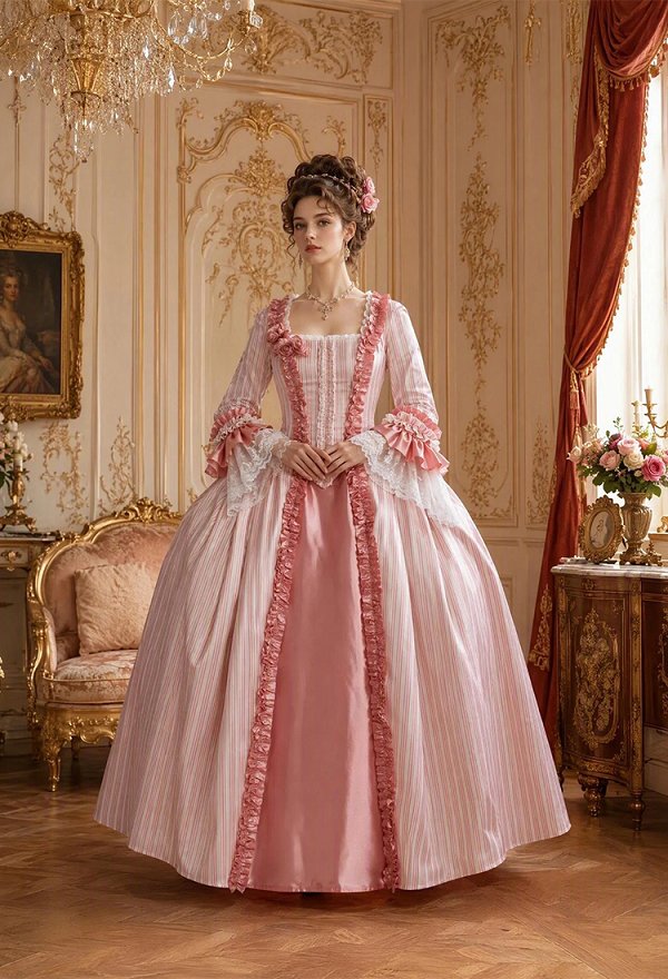 Renaissance Medieval Outfit Rococo Style Pink Corset Top and Long Dress Set with Corsage