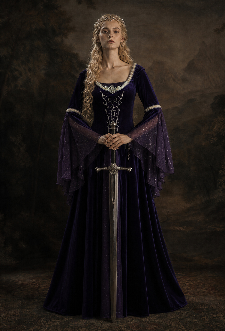 Daizbella Medieval Fantasy Gown Vintage Blue-purple Velvet Bell Sleeves Maxi Dress with Waist Chain