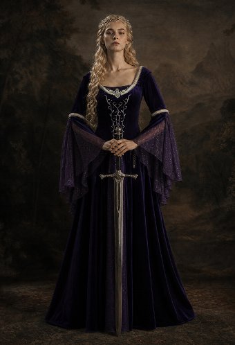 Daizbella Medieval Fantasy Gown Vintage Blue-purple Velvet Bell Sleeves Maxi Dress with Waist Chain
