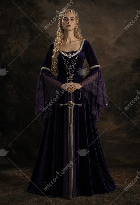 Daizbella Medieval Fantasy Gown Vintage Blue-purple Velvet Bell Sleeves Maxi Dress with Waist Chain