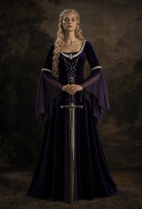 Daizbella Medieval Fantasy Gown Vintage Blue-purple Velvet Bell Sleeves Maxi Dress with Waist Chain