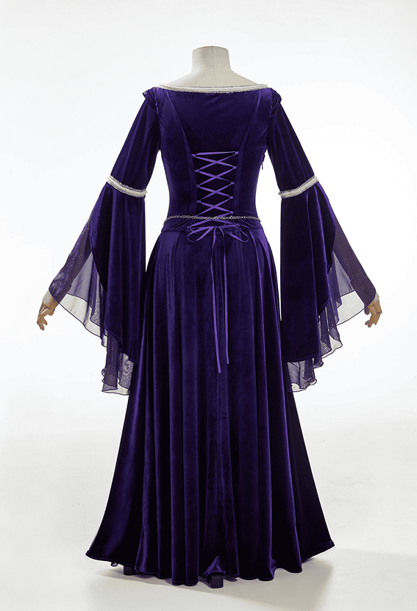 Daizbella Medieval Fantasy Gown Vintage Blue-purple Velvet Bell Sleeves Maxi Dress with Waist Chain