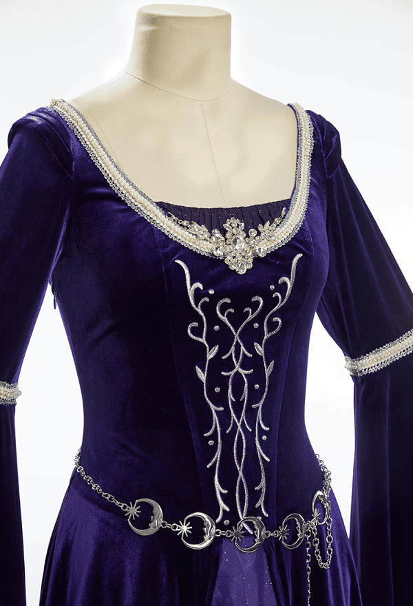 Daizbella Medieval Fantasy Gown Vintage Blue-purple Velvet Bell Sleeves Maxi Dress with Waist Chain