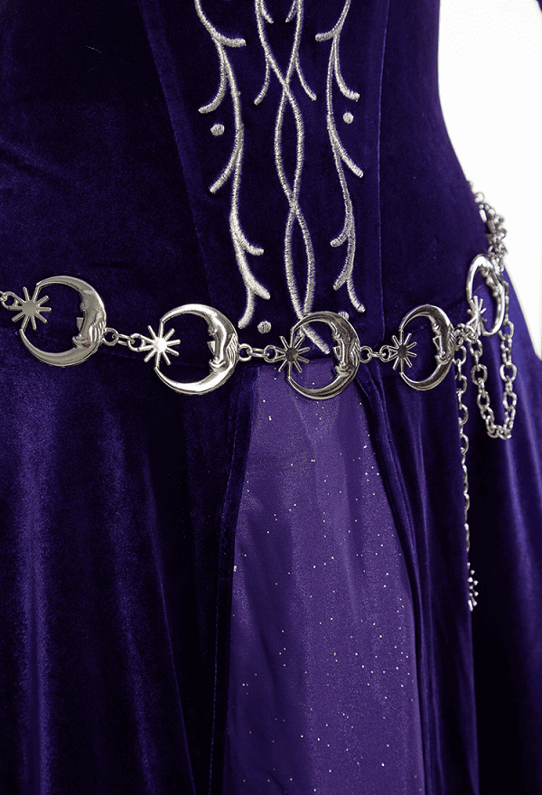 Daizbella Medieval Fantasy Gown Vintage Blue-purple Velvet Bell Sleeves Maxi Dress with Waist Chain