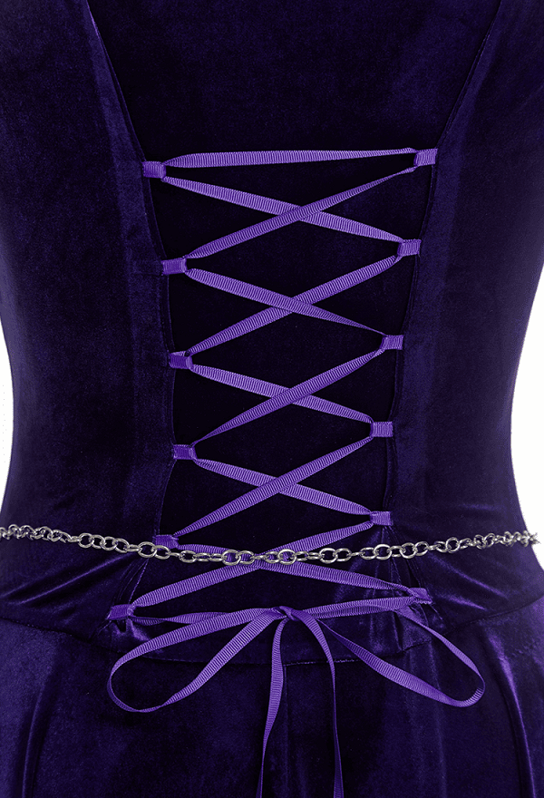 Daizbella Medieval Fantasy Gown Vintage Blue-purple Velvet Bell Sleeves Maxi Dress with Waist Chain