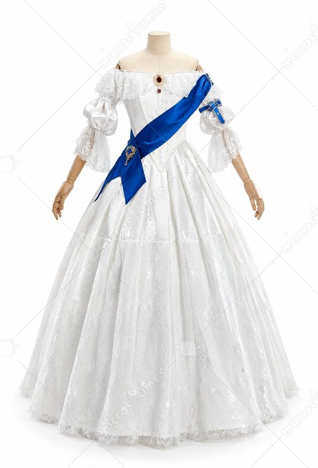Daizbella Queen Victoria Replica Ball Gown Off-the-shoulder Corset Skirt Set with Sash and Headband