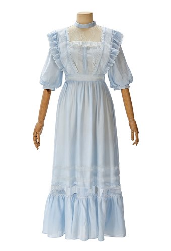 Vestido Maxi Vintage Eduardiano Azul Claro Daizbella Vestido Victoriano de Encaje con Volantes