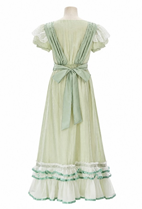 Daizbella Edwardian Green Vintage Maxi Dress Victorian Square Neckline Puff Sleeves Dress