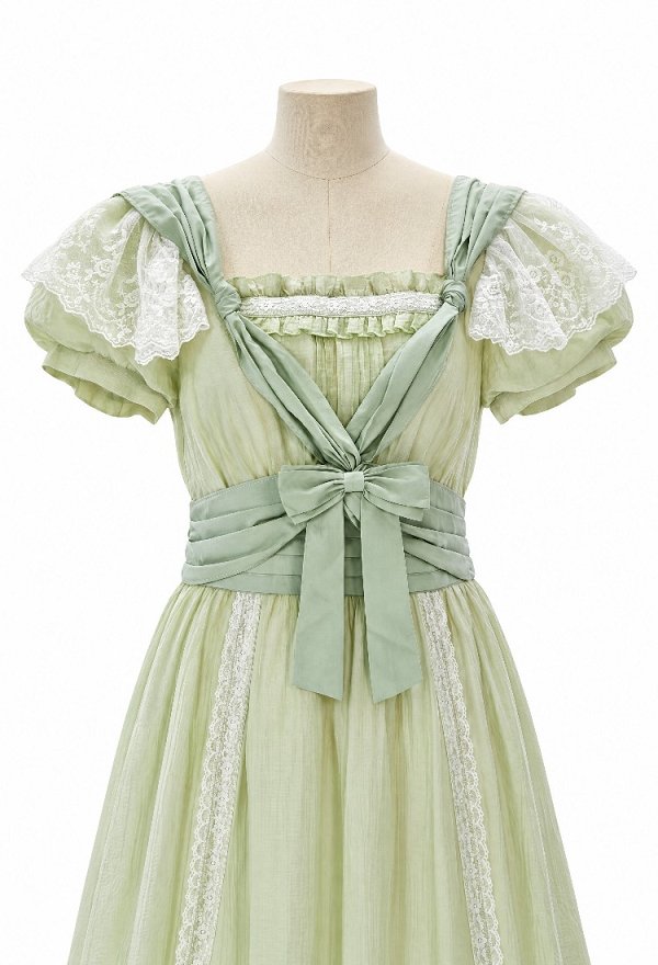Daizbella Edwardian Green Vintage Maxi Dress Victorian Square Neckline Puff Sleeves Dress