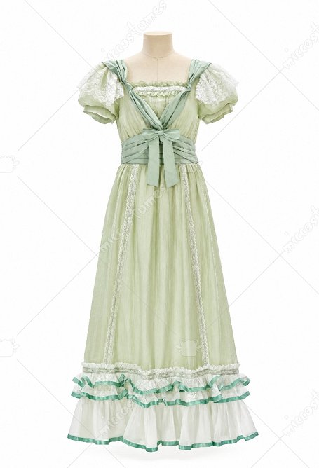 Daizbella Edwardian Green Vintage Maxi Dress Victorian Square Neckline Puff Sleeves Dress
