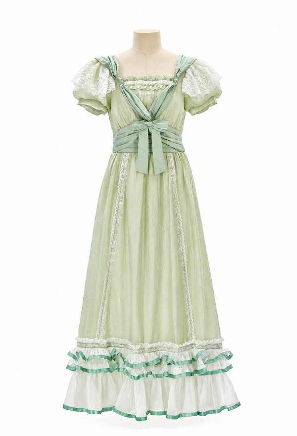 Daizbella Edwardian Green Vintage Maxi Dress Victorian Square Neckline Puff Sleeves Dress