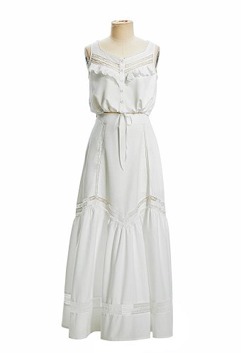 Daizbella Edwardian Vintage Two-Piece Blouse Set Sleeveless Lace Ruffle Top and Long Skirt