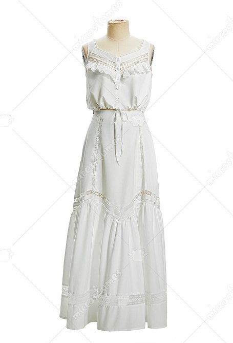 Daizbella Edwardian Vintage Two-Piece Blouse Set Sleeveless Lace Ruffle Top and Long Skirt
