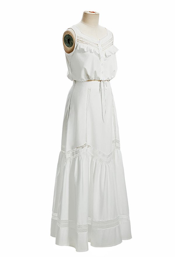 Conjunto de Blusa de Dos Piezas Vintage Eduardiano Daizbella, Top Sin Mangas con Volantes de Encaje y Falda Larga